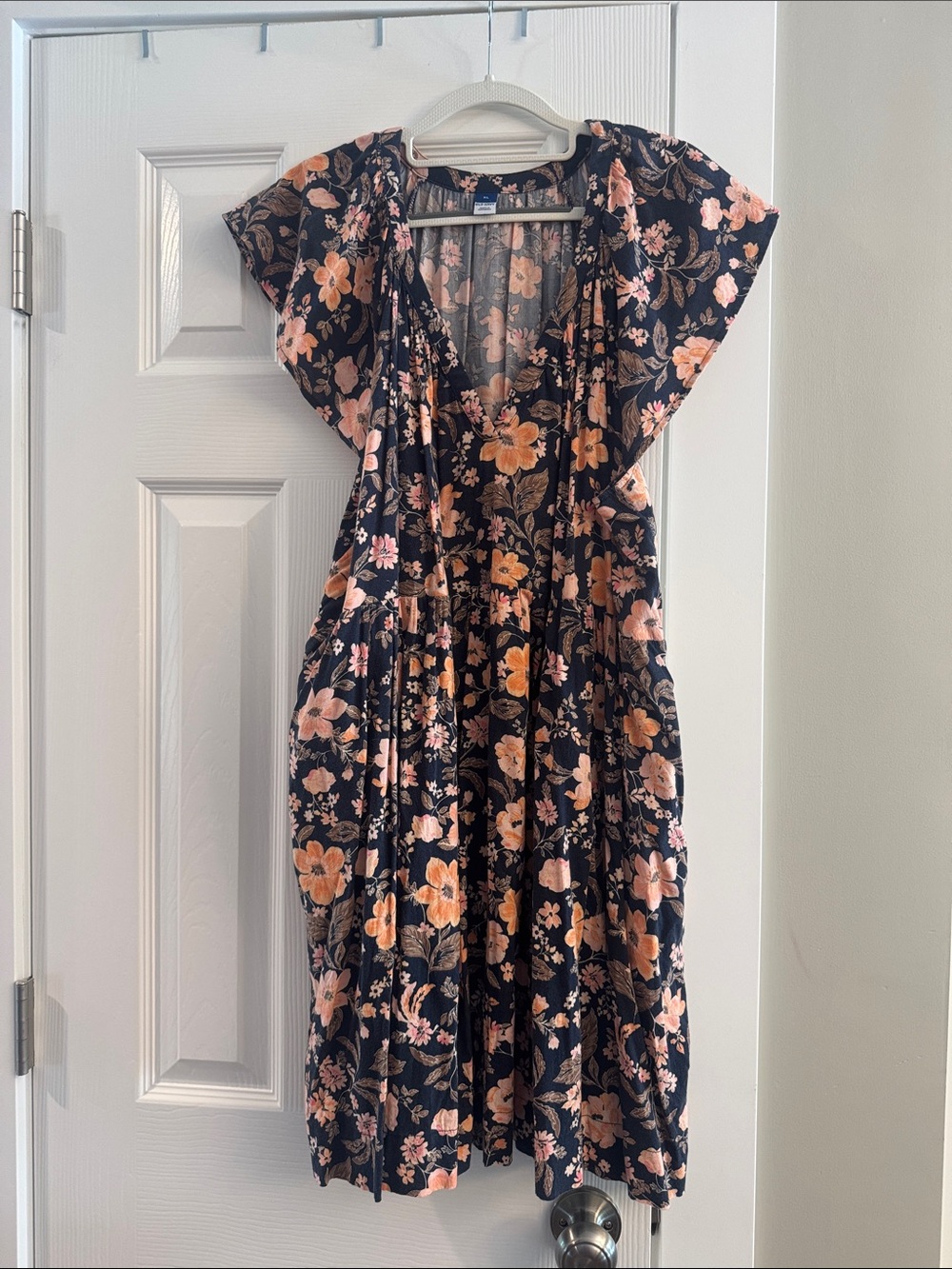Old Navy Navy Floral Midi Dress with Peach Blooms